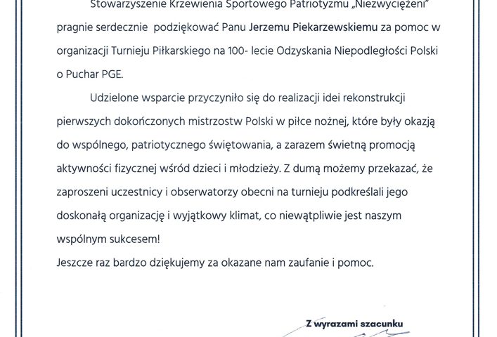 Podziękowania od SKSP „Niezwyciężeni” Podziękowania od SKSP „Niezwyciężeni”